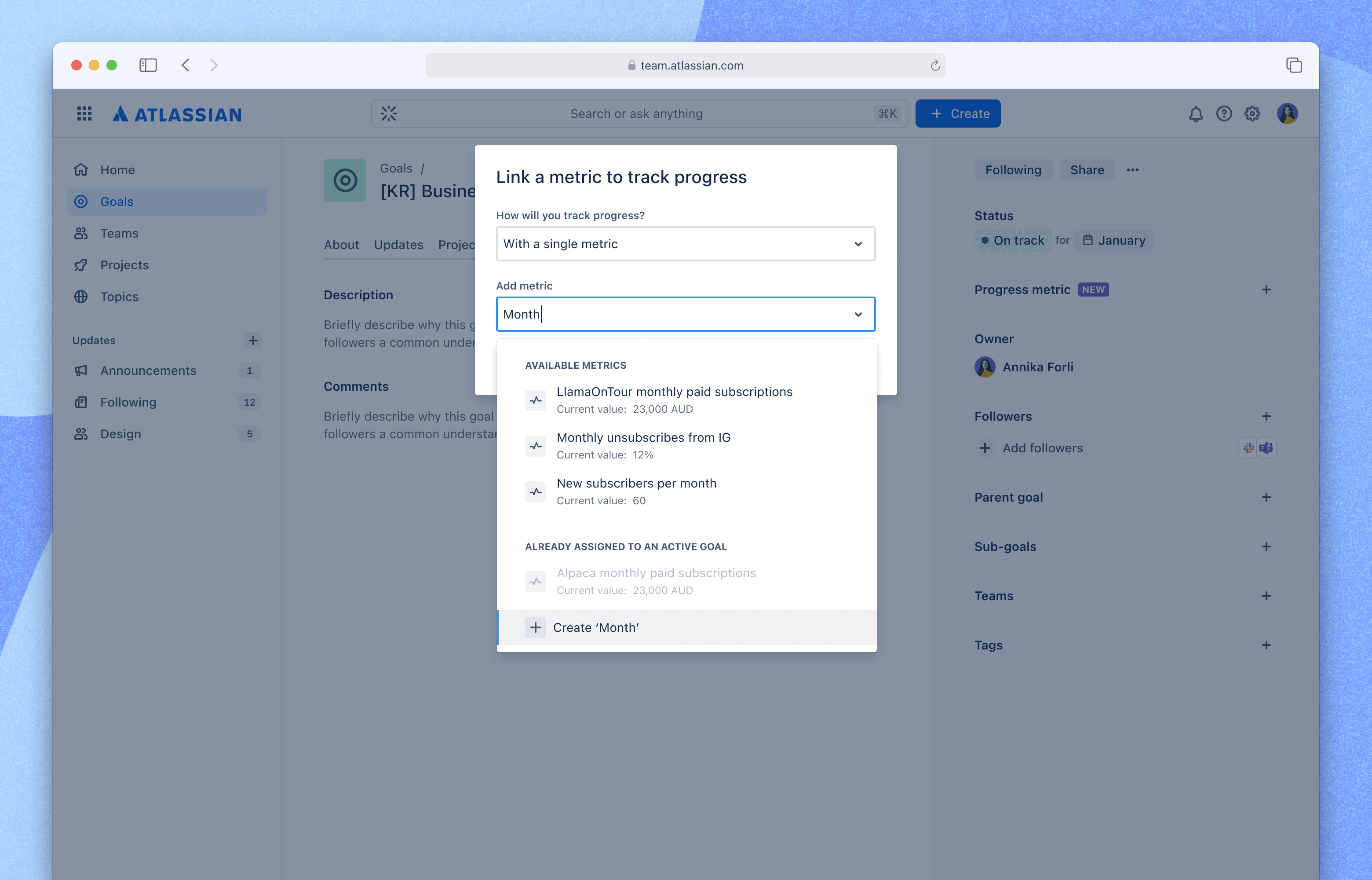 Searching the available metrics, with the option to create a new one