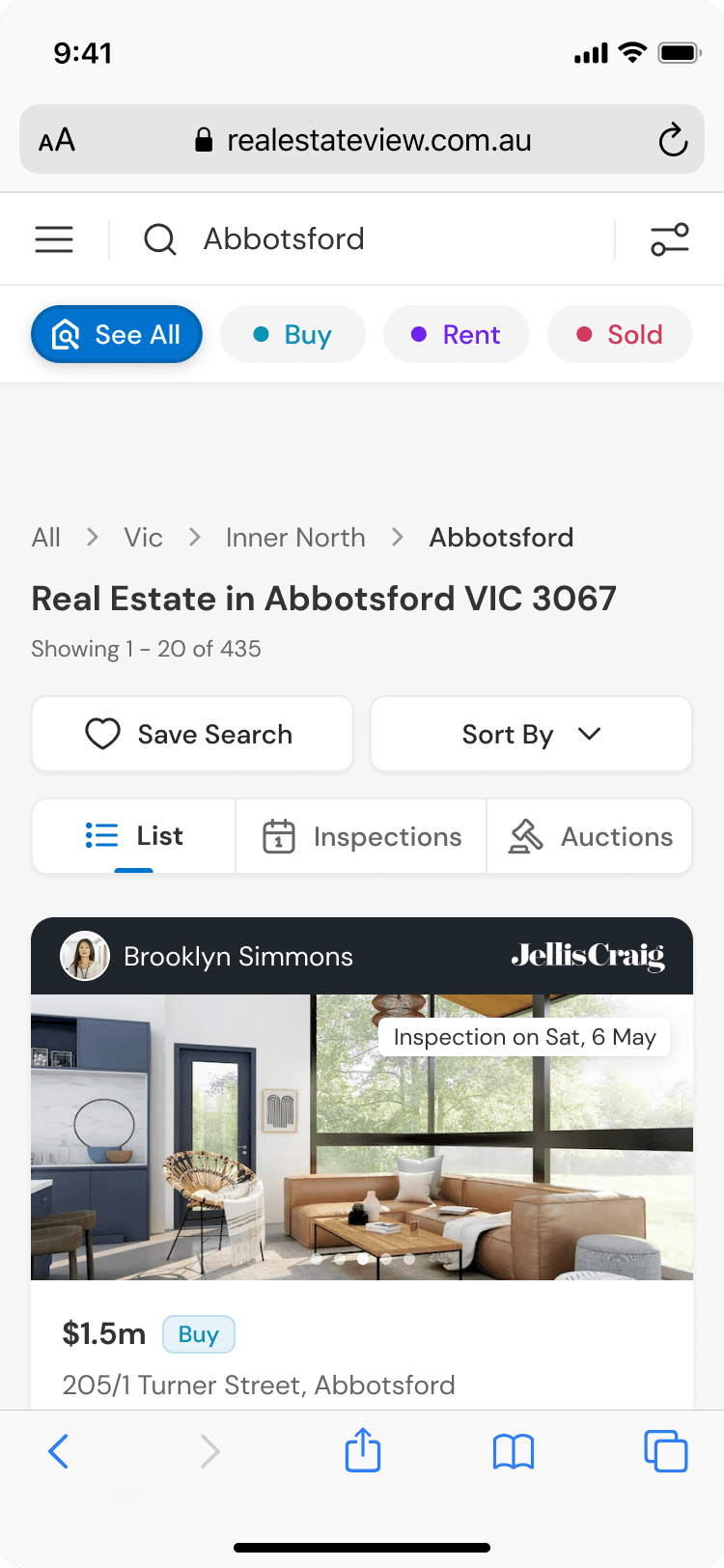 Search results for Abbotsford, with Save Search alongside Sort By