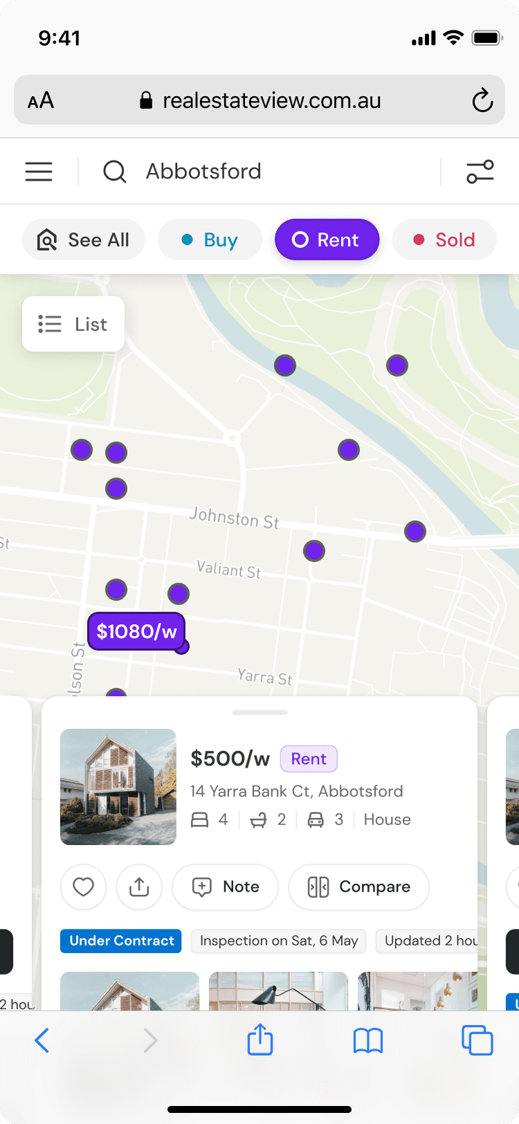 Zoomed out: properties as plain dots, with one price shown