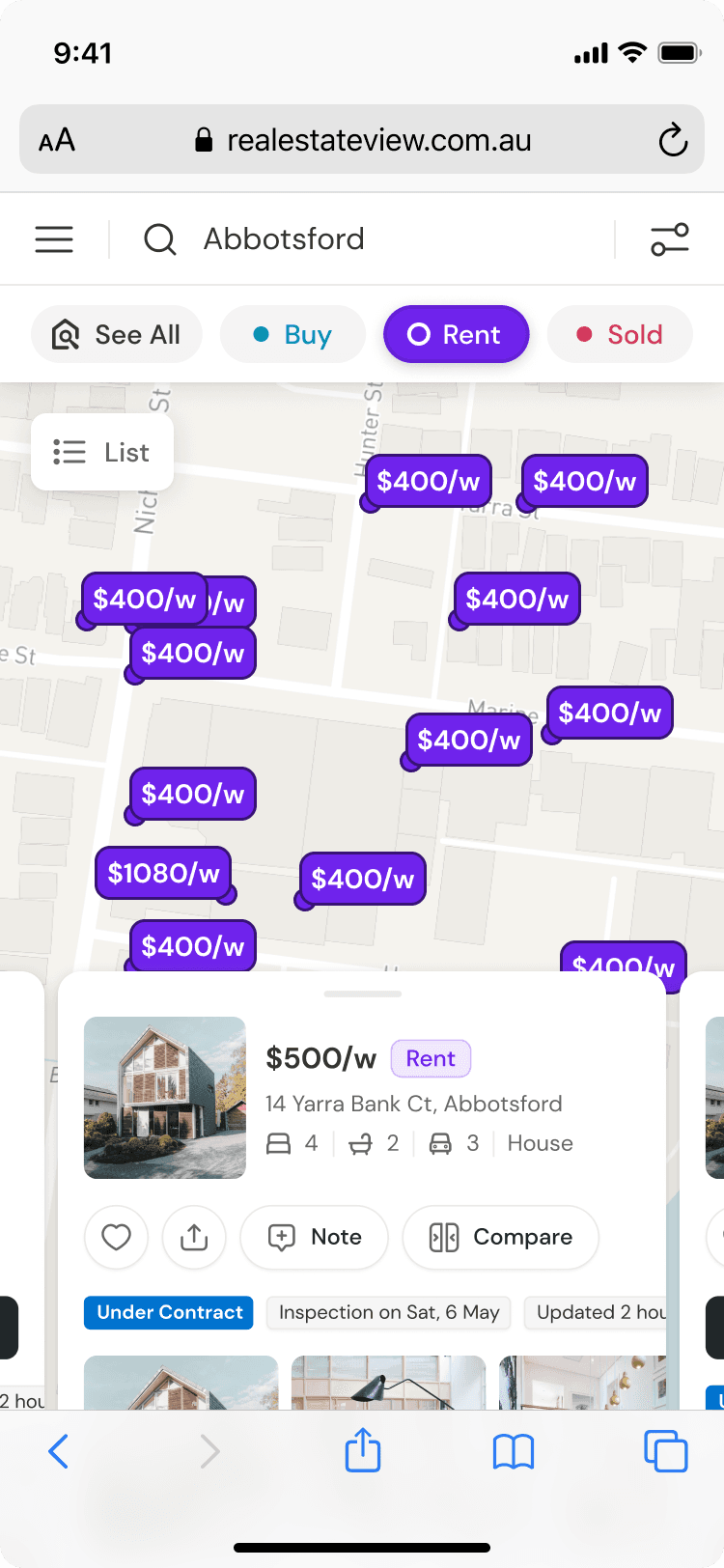 Zoomed in: every property showing its weekly price
