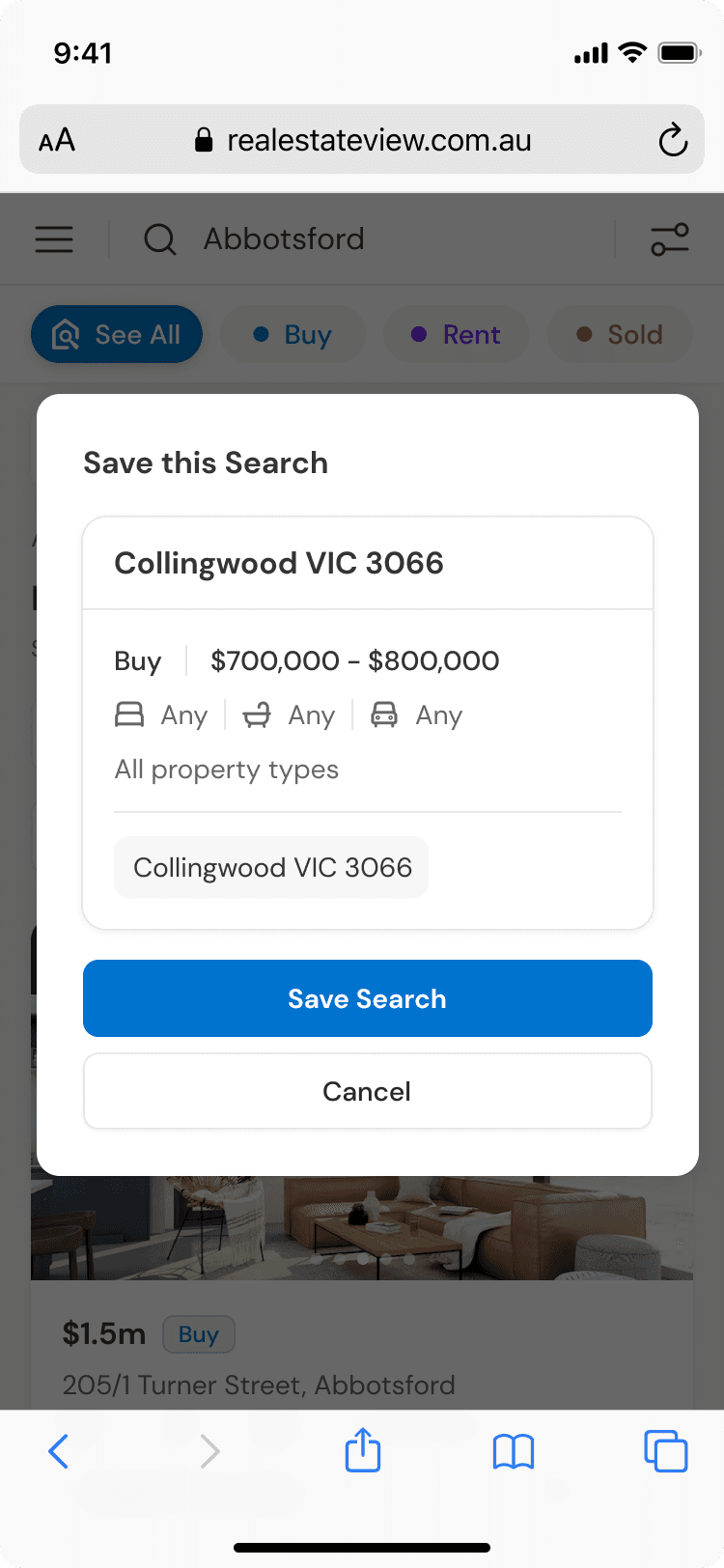 The Save Search dialog, holding the suburb, price range and property type